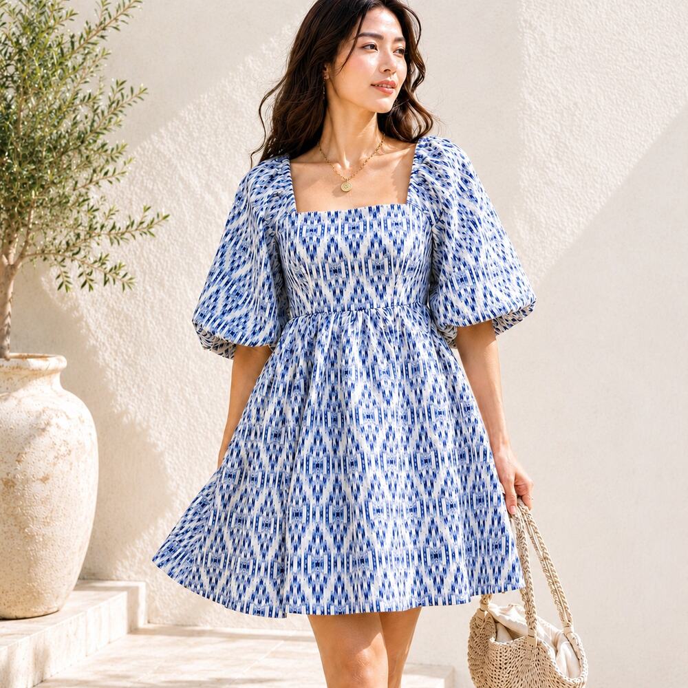 MUNTHE Tweed Puff Sleeve Mini Dress Blue White Metallic Size 2 NWT